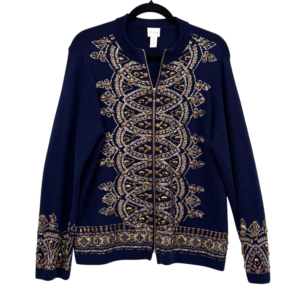 Chicos Demitria Cardigan Size 2 or Large Navy Gold‎ Embellished Beaded Dramatic